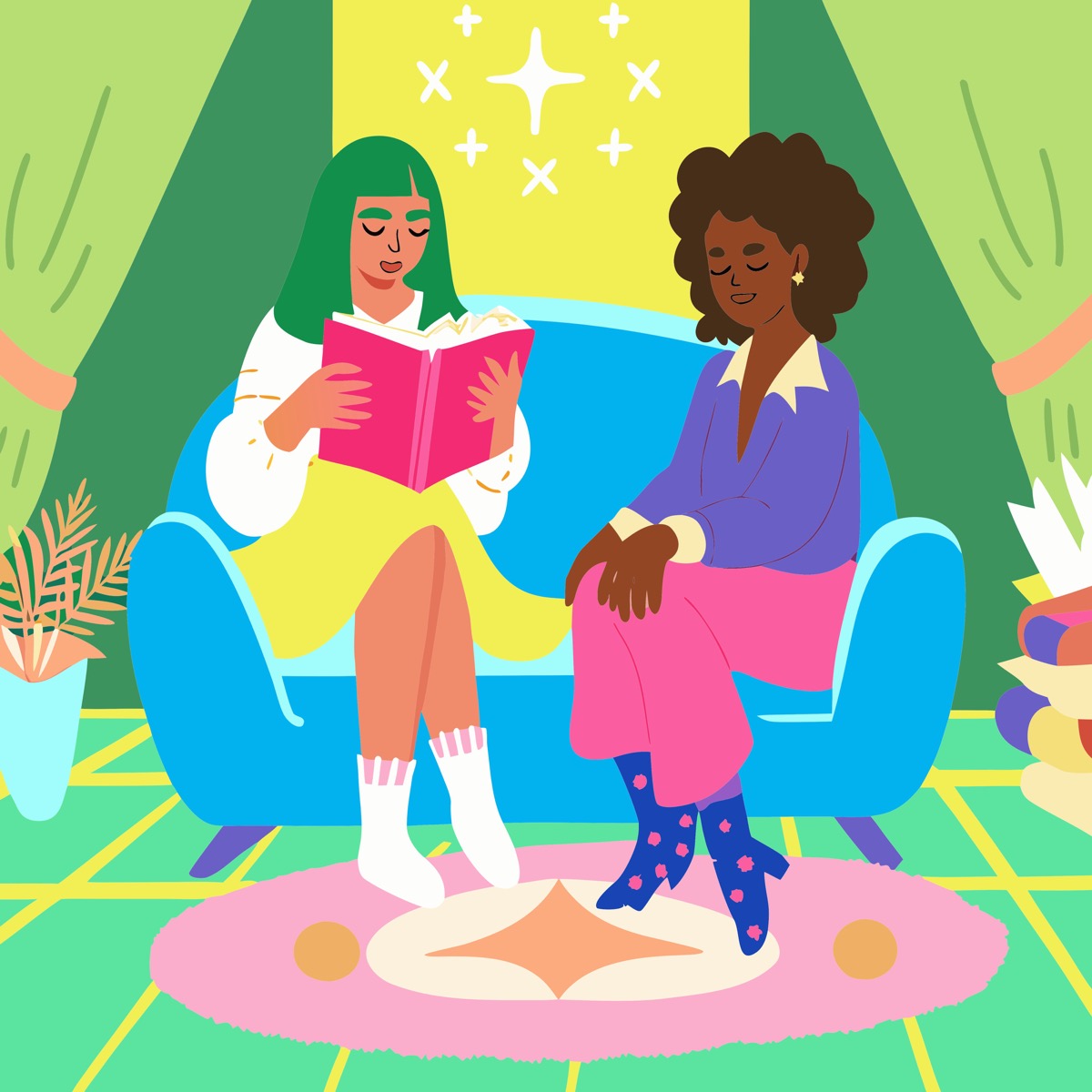 Illustration of two women sitting together in blue armchairs, one reading a pink book aloud while the other listens, plants and a stack of books nearby