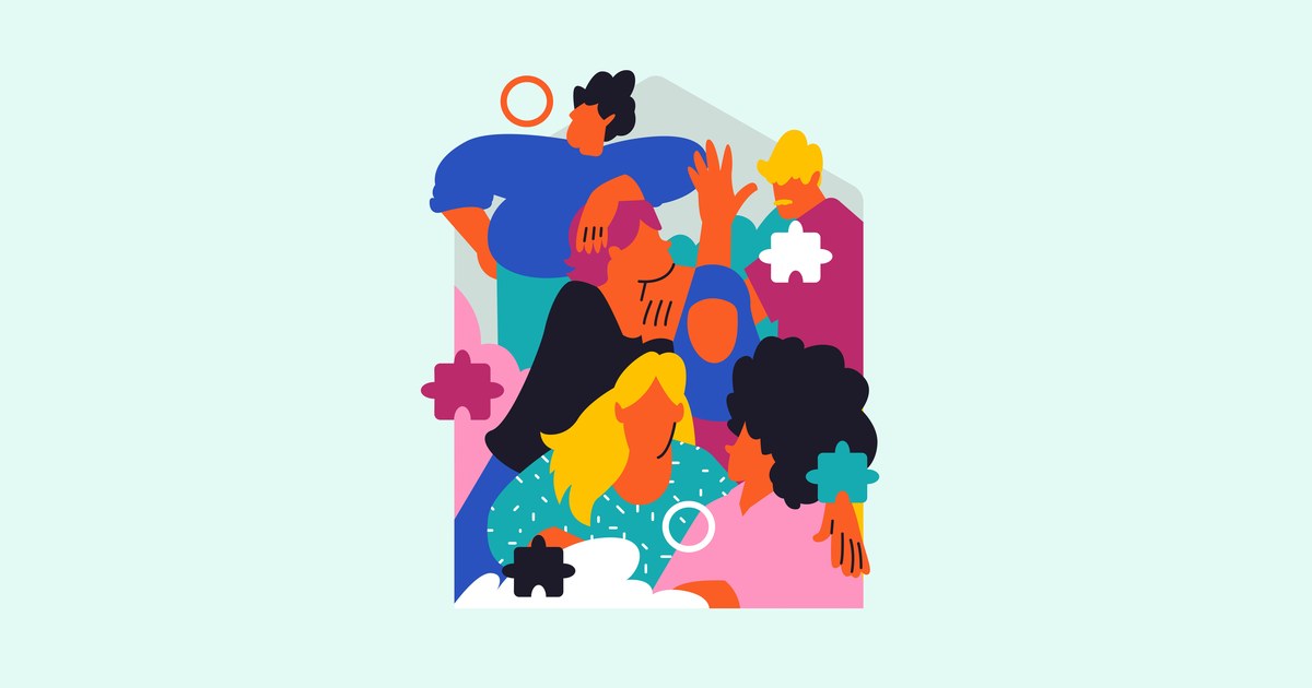 Diverse group of friends connecting, with puzzle pieces representing shared values