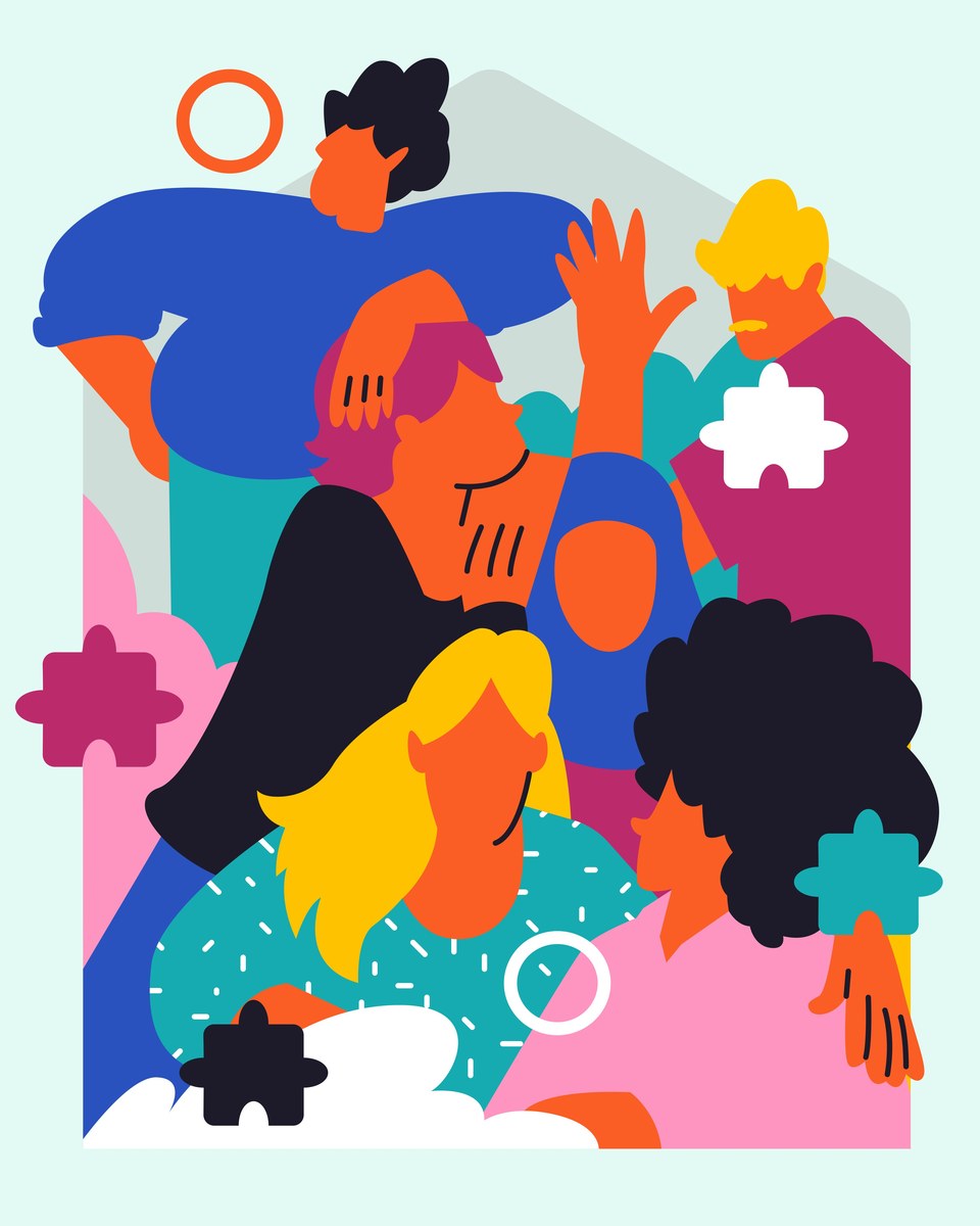 Illustration of a diverse group of friends connecting, with puzzle pieces representing shared values and compatibility