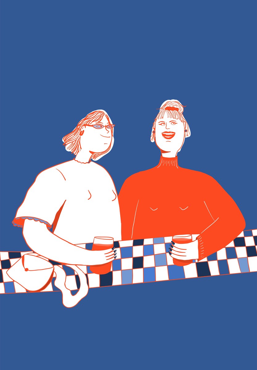 Illustration of two friends sharing drinks and spending time together at a table