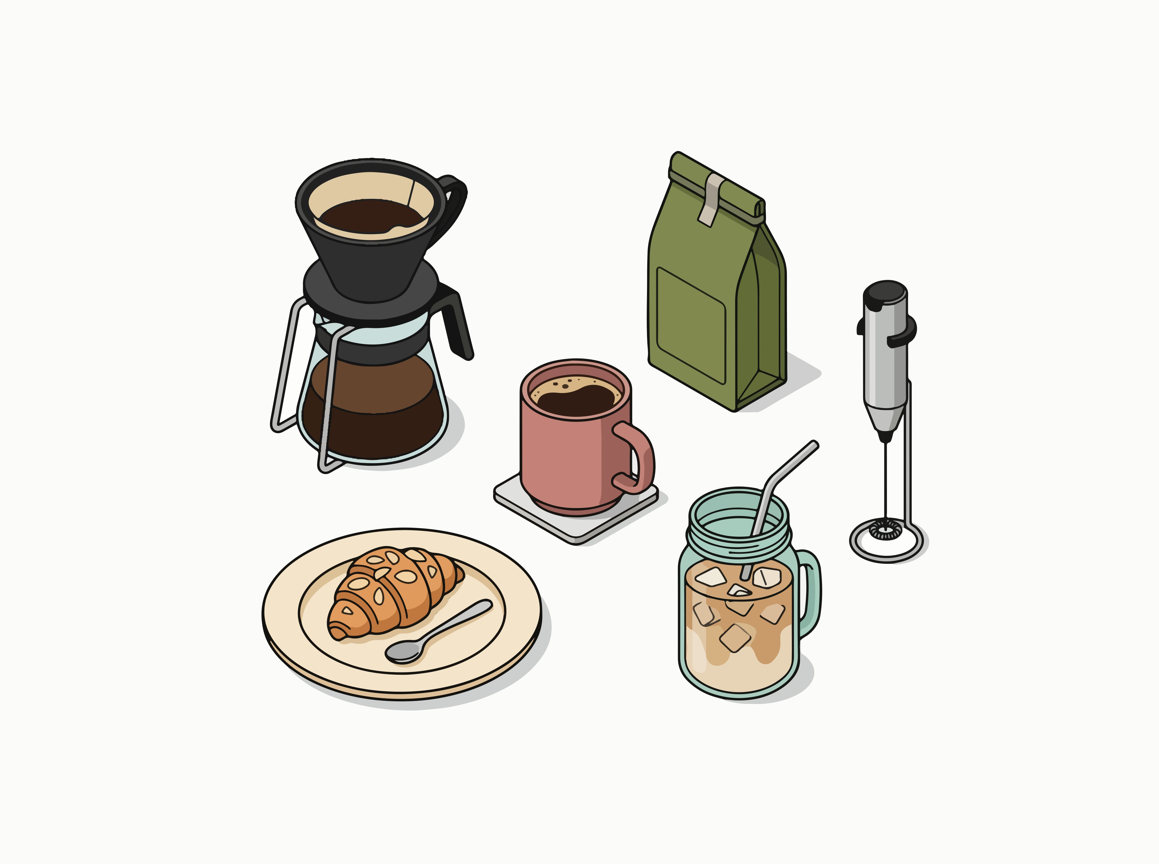 Illustration of a coffee setup with croissant, pour-over, and iced latte