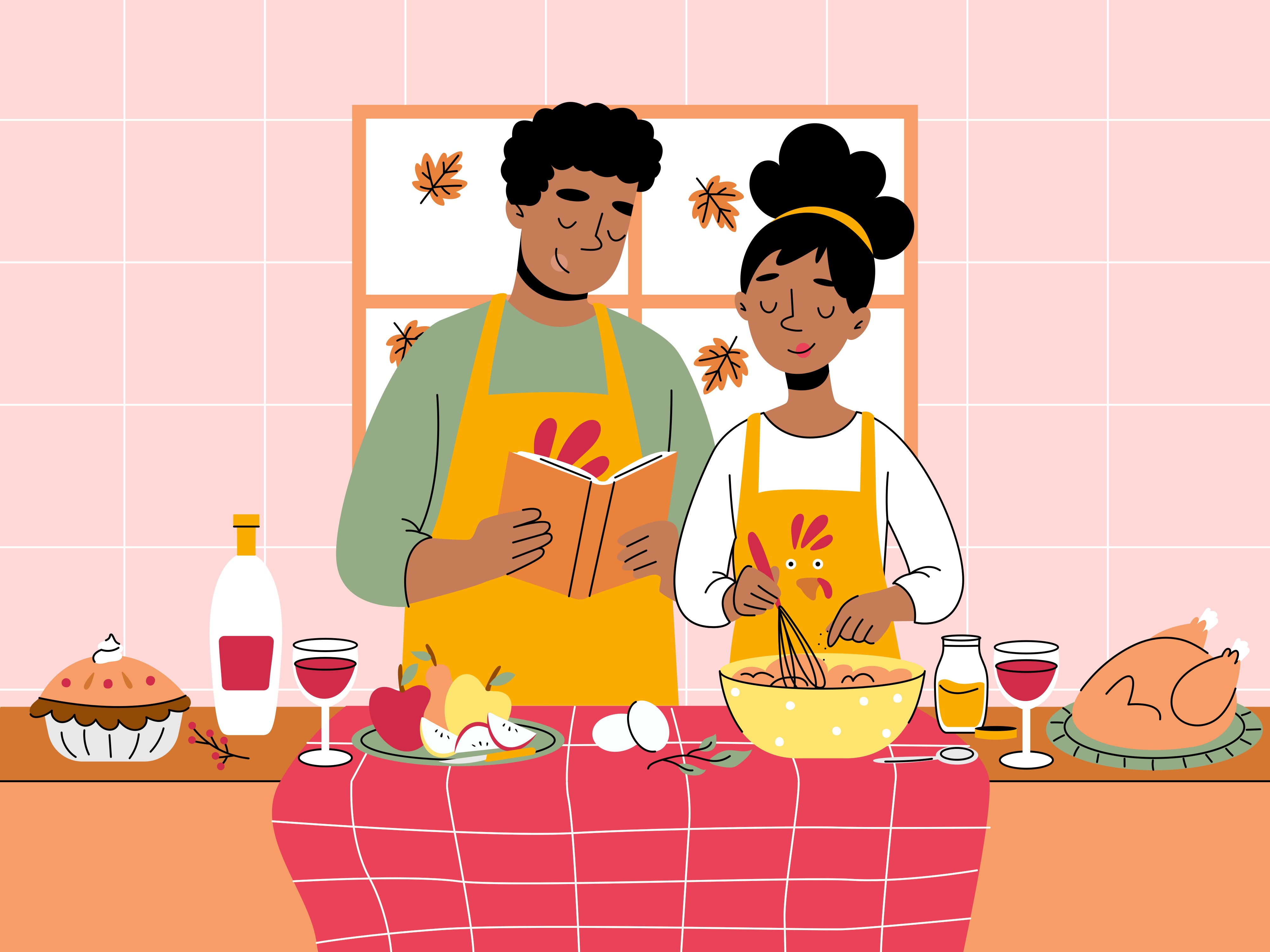 Illustration of two people cooking together in a warm autumn kitchen