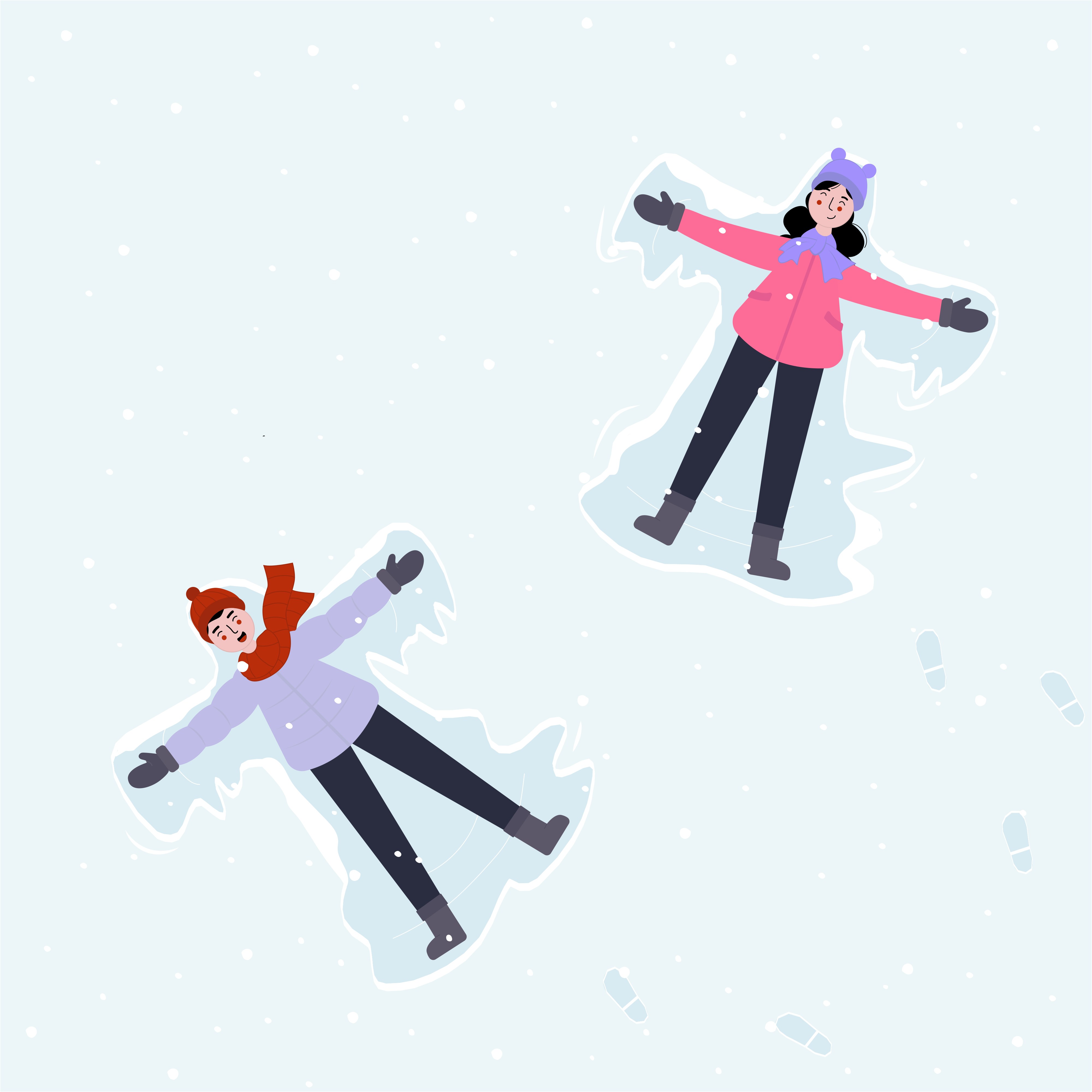 Illustration of two people making snow angels together, playful