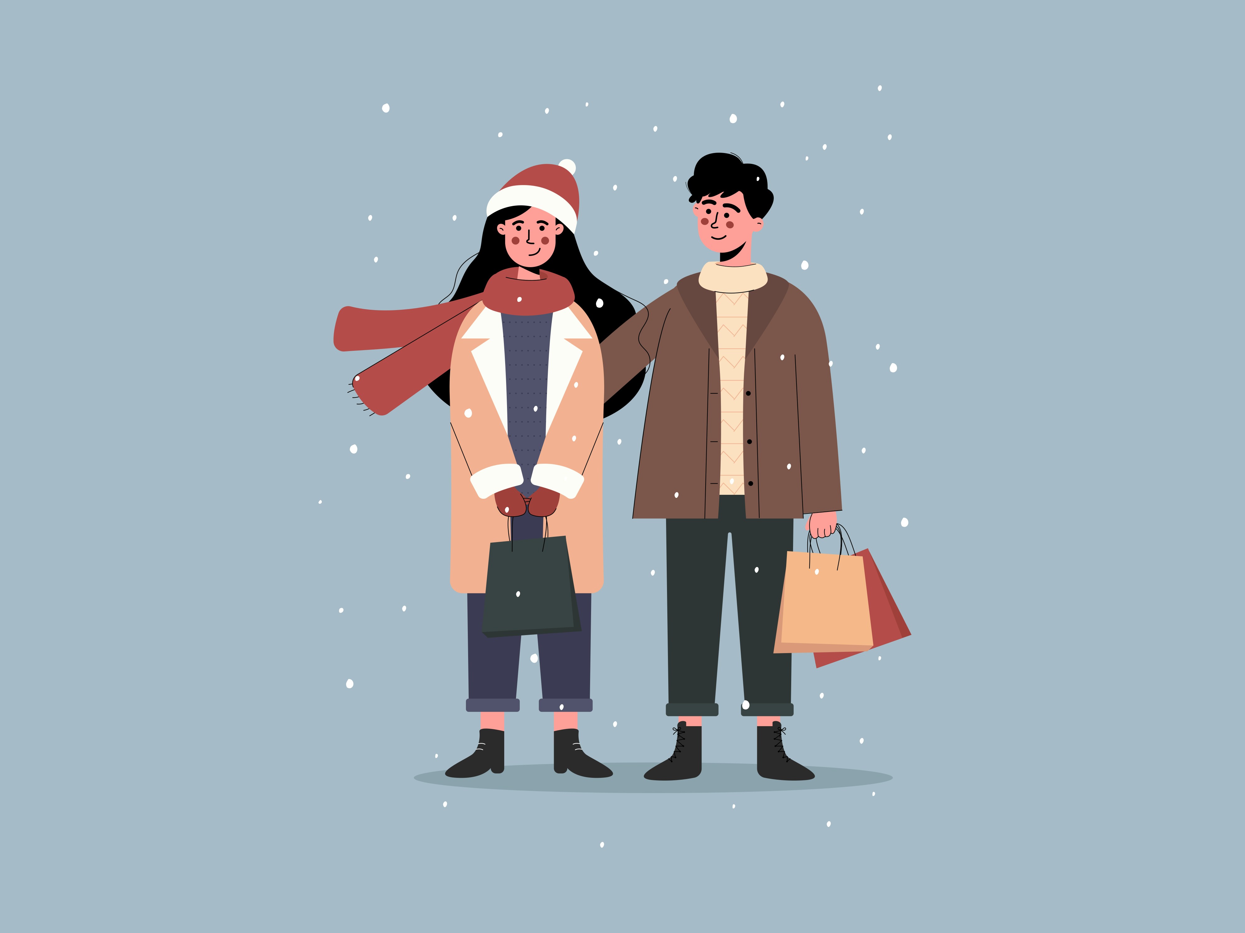 Illustration of a couple in winter coats with shopping bags