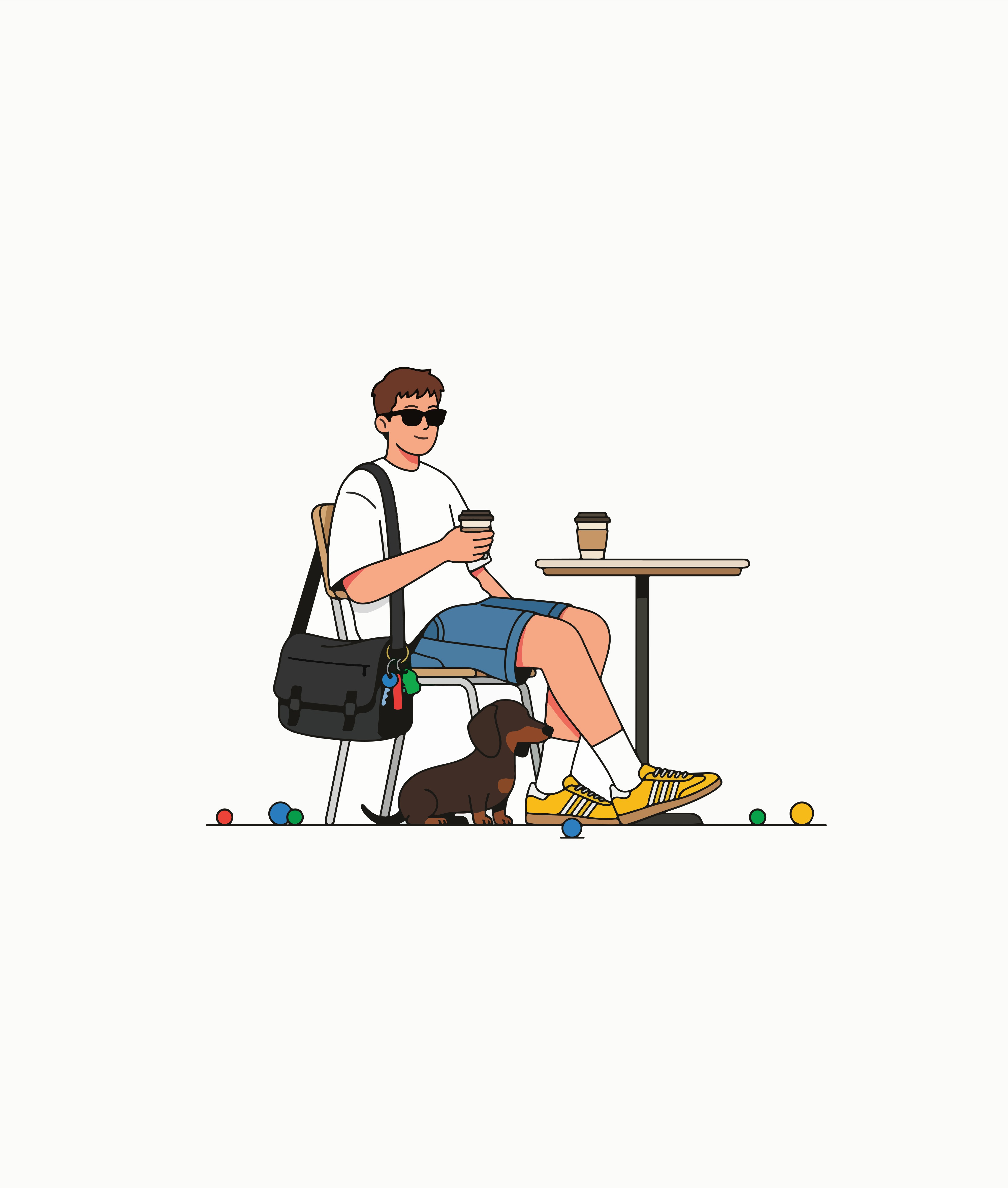 Illustration of a man at an outdoor cafe table with his dachshund