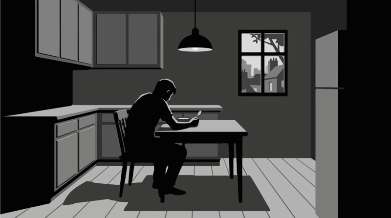 Illustration of a person sitting alone at a kitchen table at night eating a meal by themselves