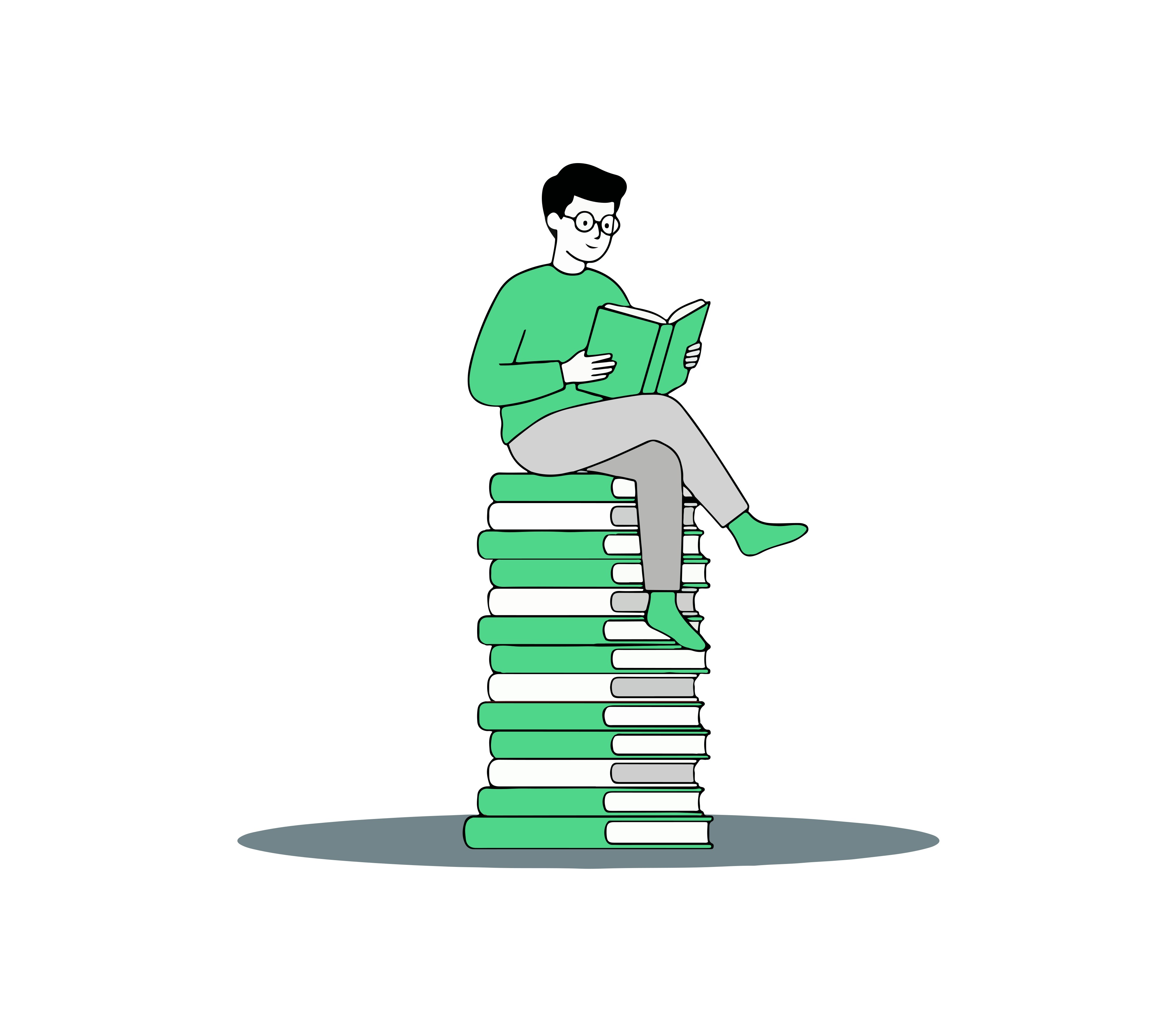 Illustration of a person sitting on a stack of books reading