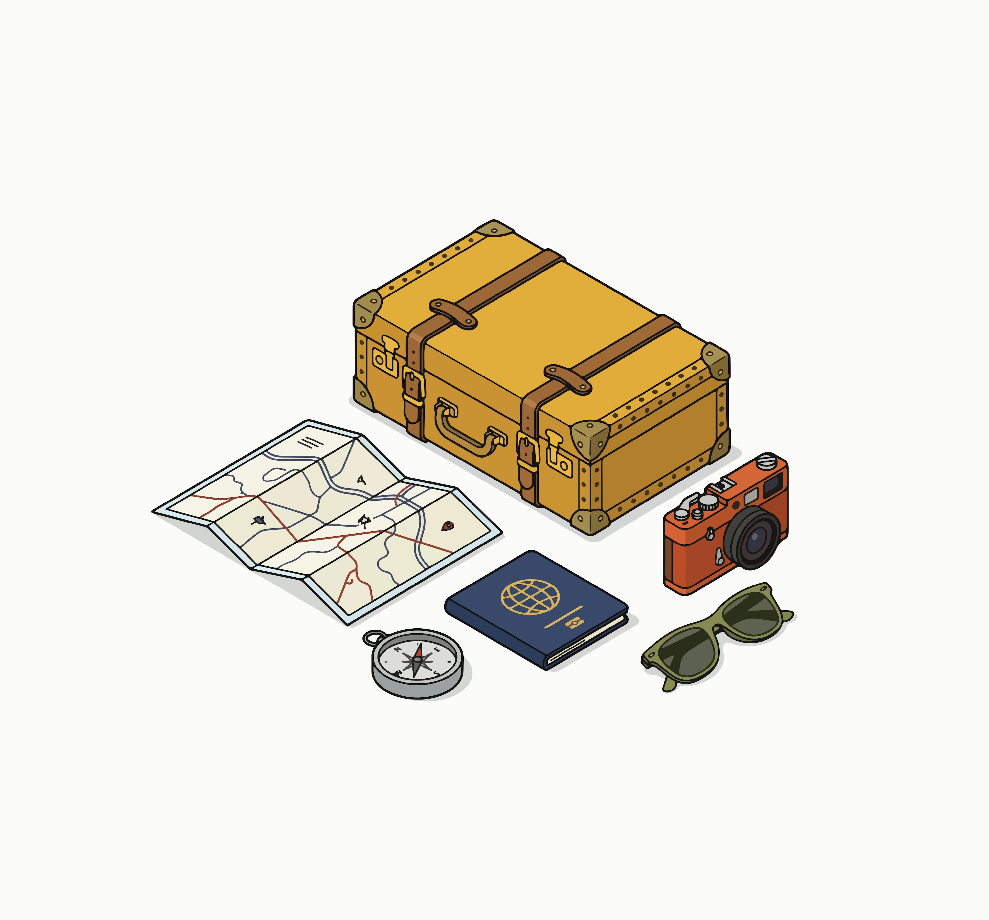 Illustration of a travel suitcase with a map, camera, and passport