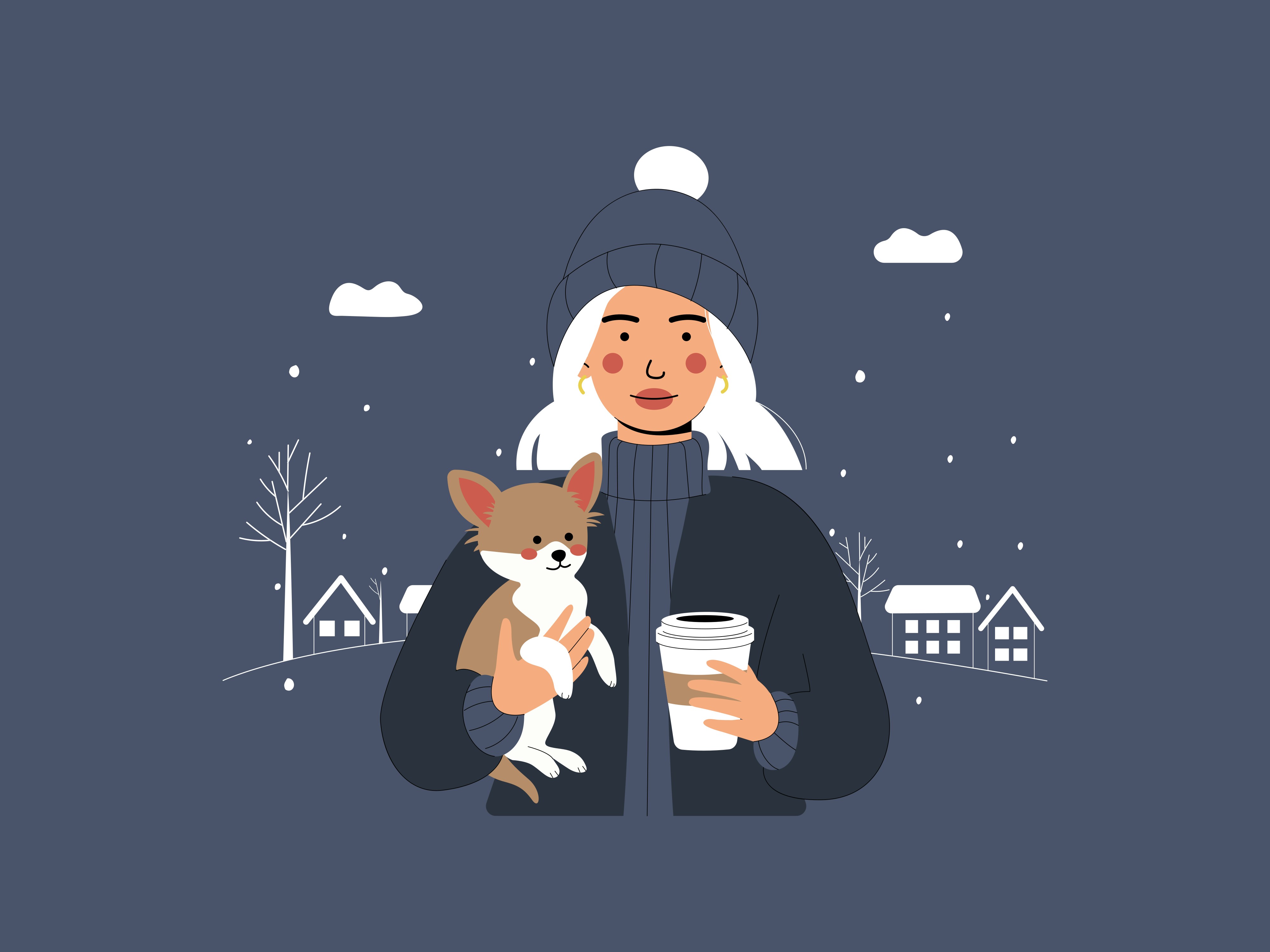 Illustration of a woman holding a dog in winter with a coffee cup
