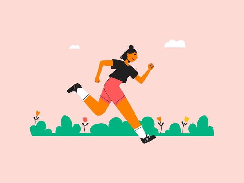 Flat illustration of a woman running through a park with flowers