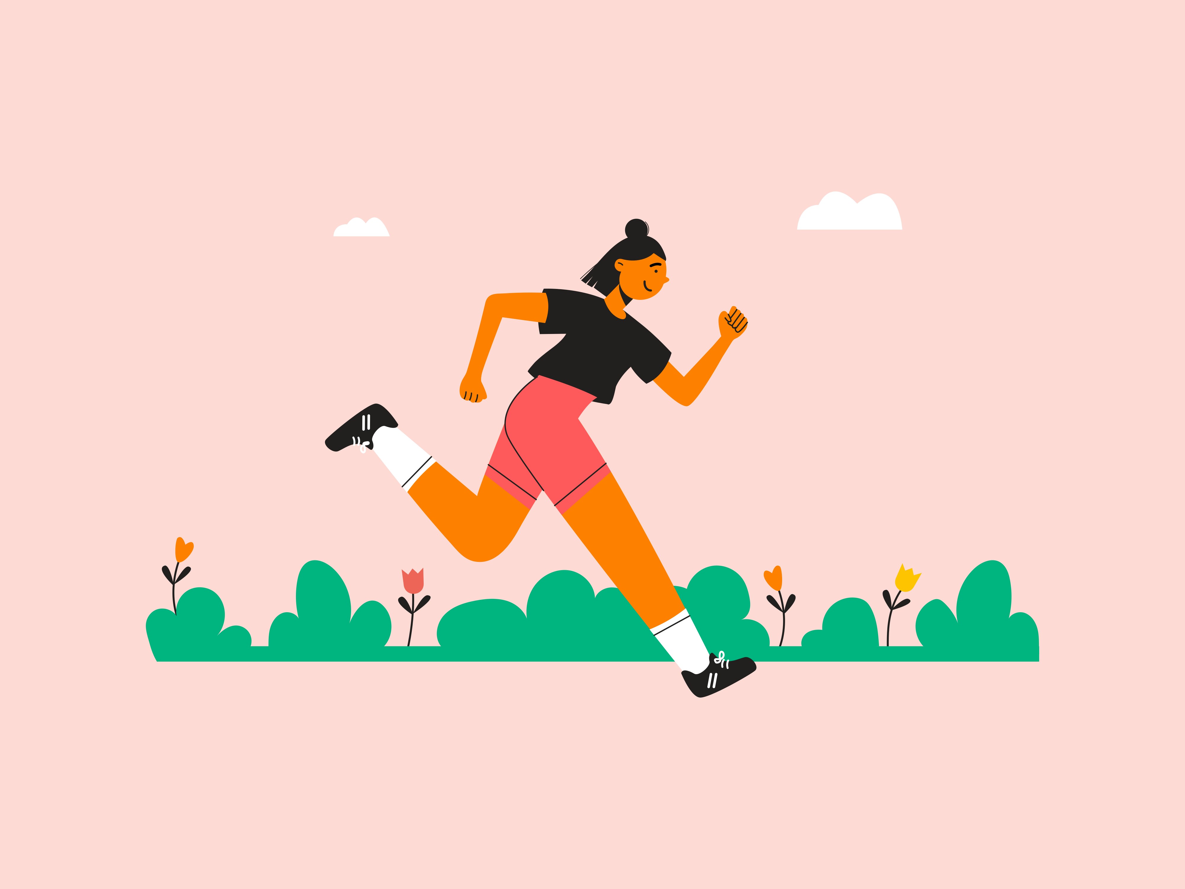 Illustration of a woman running in a park with a pink background