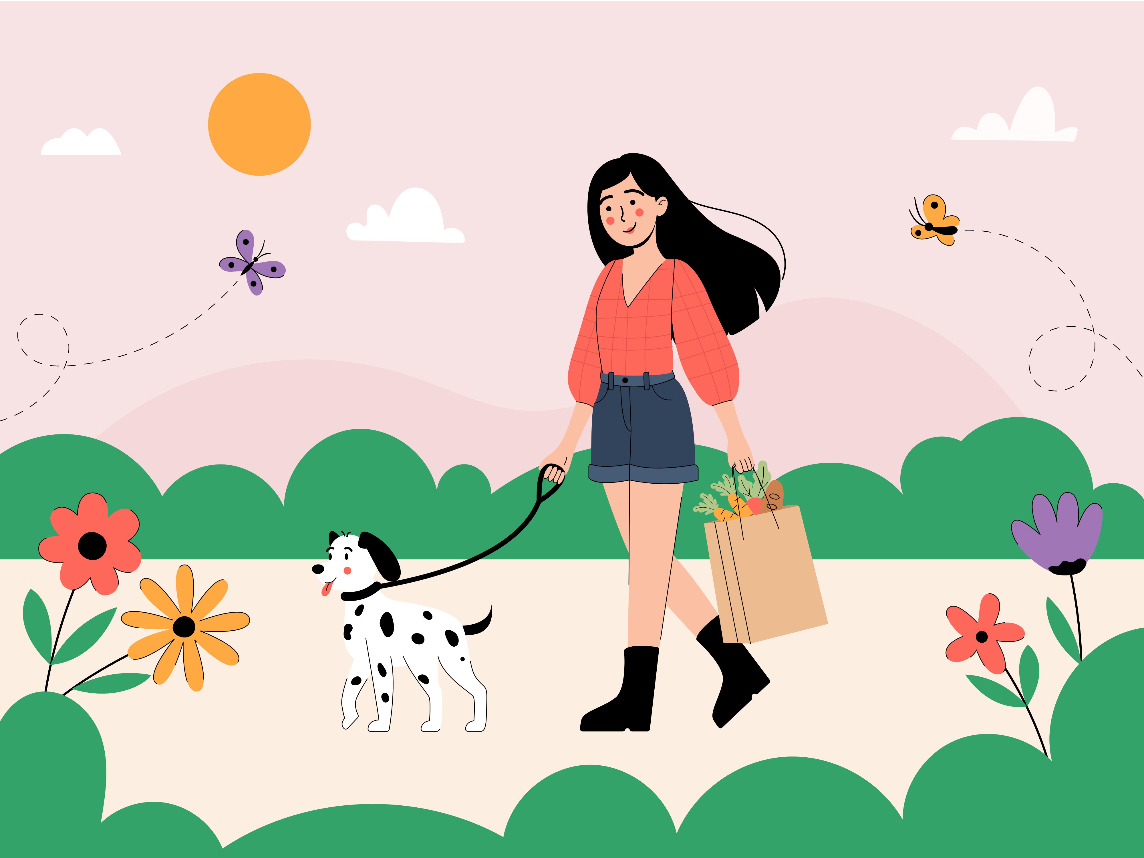 Illustration of a woman walking a dalmatian in a sunny spring park