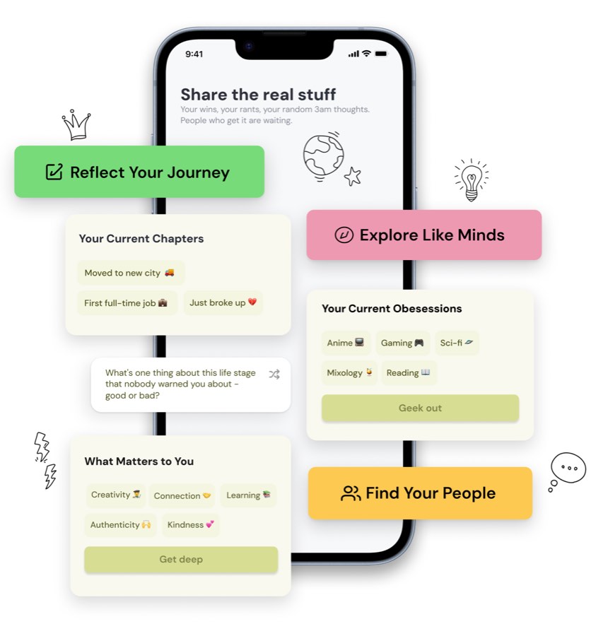 Introvrs app interface showing the depth-matching and conversation features